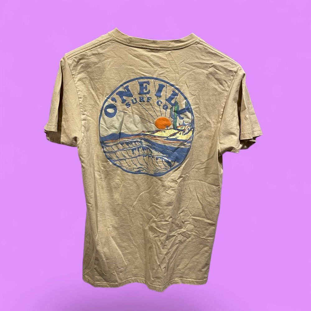 O'Neill Tan Graphic Surf Short Sleeve Tee with Blue and Orange Print